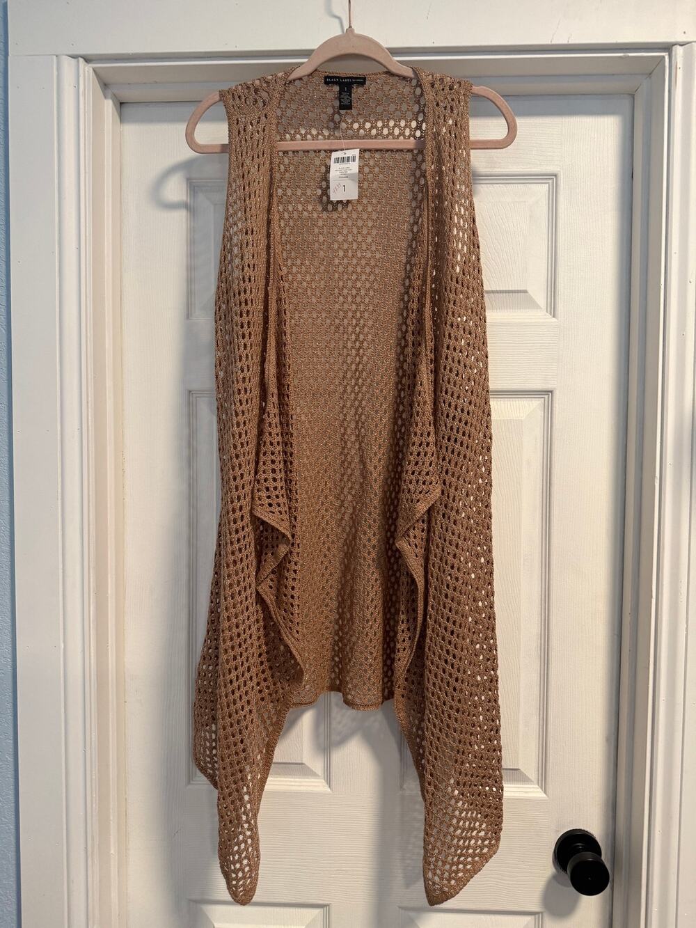 CLEARANCE NWT Black Market by Chico's Tan Crochet Long Open Cardigan Vest -Sz L